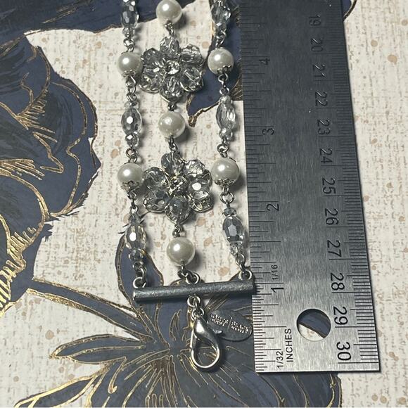 Estate WHBM Silver Crystal Flower and Faux Pearl Necklace and Bracelet Set - Picture 14 of 16